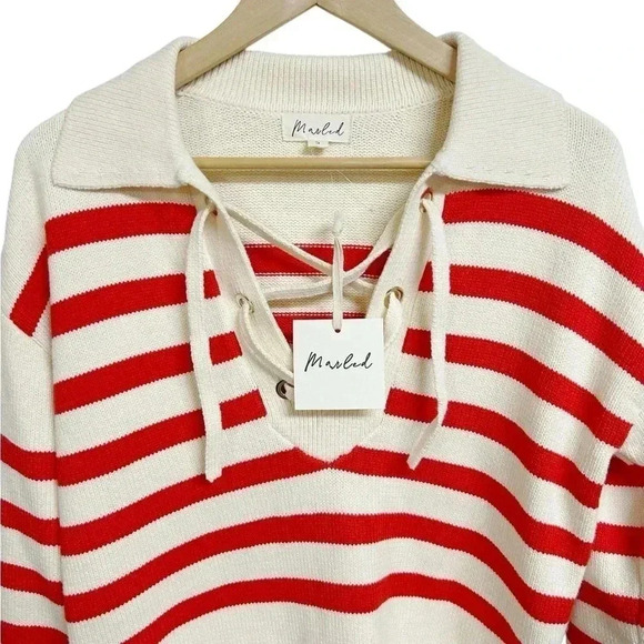 Marled Red and Cream Striped Lace Up Aria Sweater Size Small NWT - Picture 2 of 7